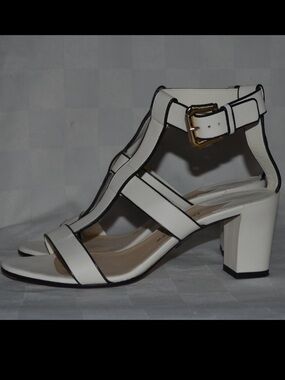 Sz 36.5 6.5 Paul Andrew White Black Trim Strappy 2.75" Heels